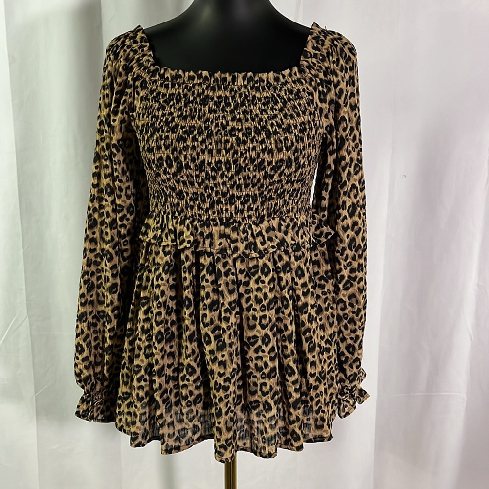 NWT Oddy Brown & Black Leopard Print Smocked Square Neck Ruffle Blouse